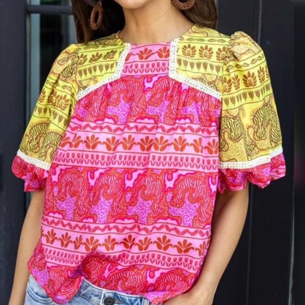 THML Pink and Yellow Patterned Blouse- Nena Blocked Top In Multi